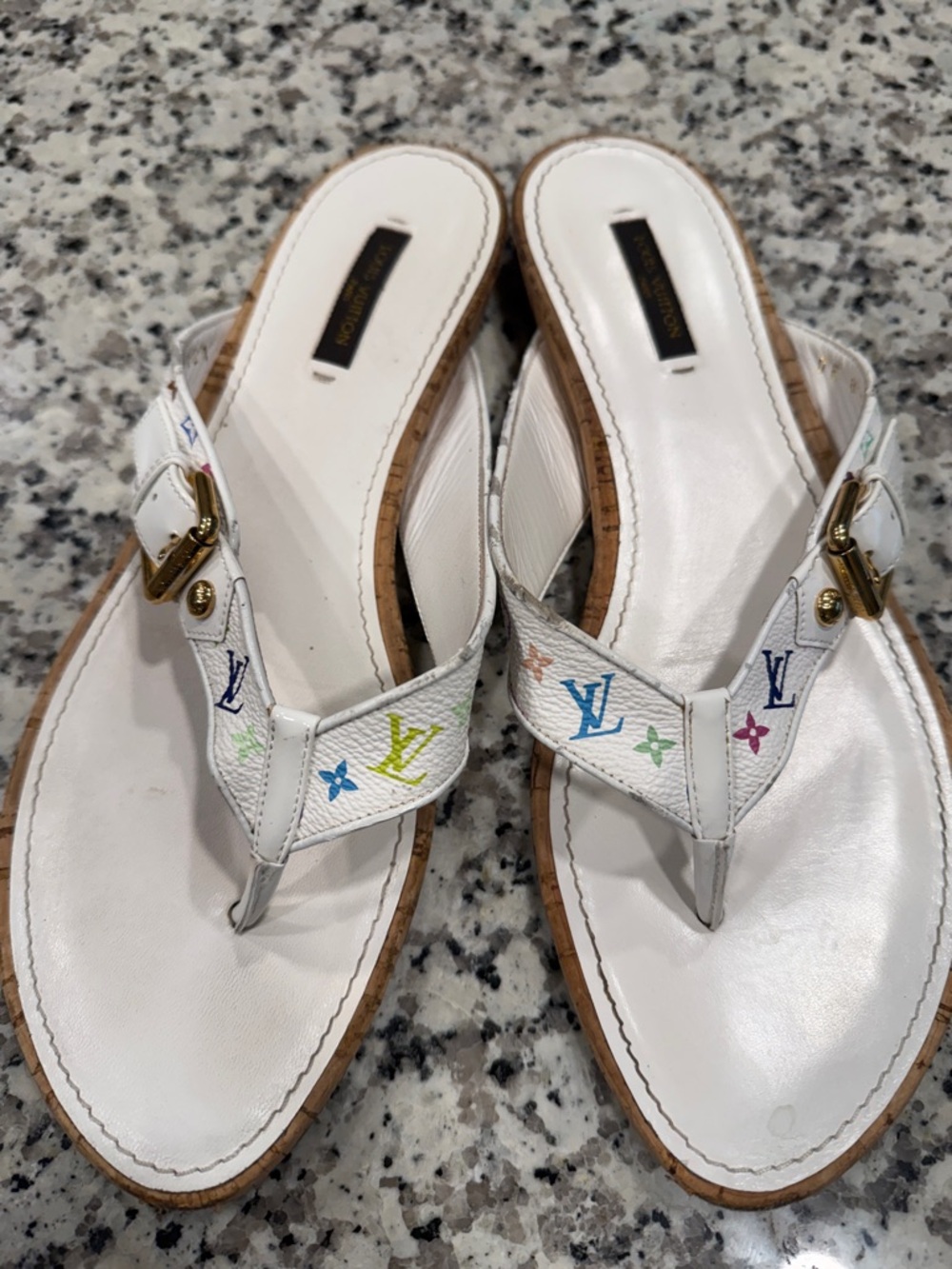 Louis Vuitton White Multicolored Monogram Thongs Leather Sandals 41 9.5 10